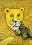 detail of lion playing violing, art by Phoebe Stone