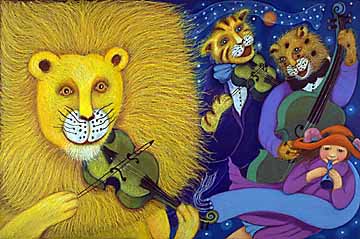 Then the lions and leopards and lynx play the strings. Arwork from the book "When the Wind Bears Go Dancing", by Phoebe Stone