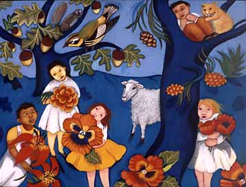 Artwork of children, flowers and animals from the book "In God's Name"