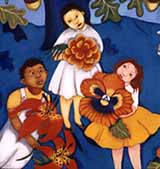 three children with flowers, detail of artwork from "In God's Name.