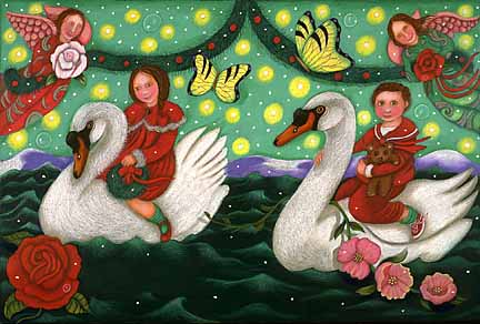 Two children riding swans, artwork from the book "What Night Do the Angels Wander?", by Phoebe Stone